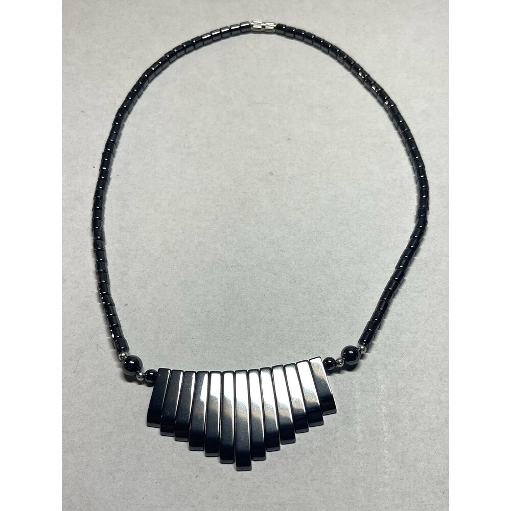 Vintage Hematite Fan Necklace 17.5” Art Deco Statement Gunmetal Barrel Clasp